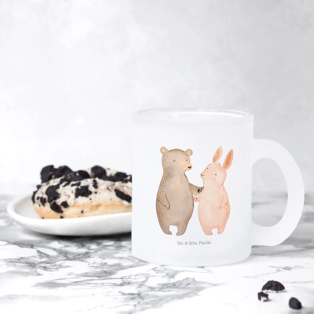 Glass tea cup bear and rabbit Embrace glass, tea, tea glass, mug, Tea cup, Love, Loving, Two, Together, Marriage, Engagement, Proposal of marriage, Love gift, gift for her, gift for him, anniversary gift, bear, best friends, best friend, rabbit, friends