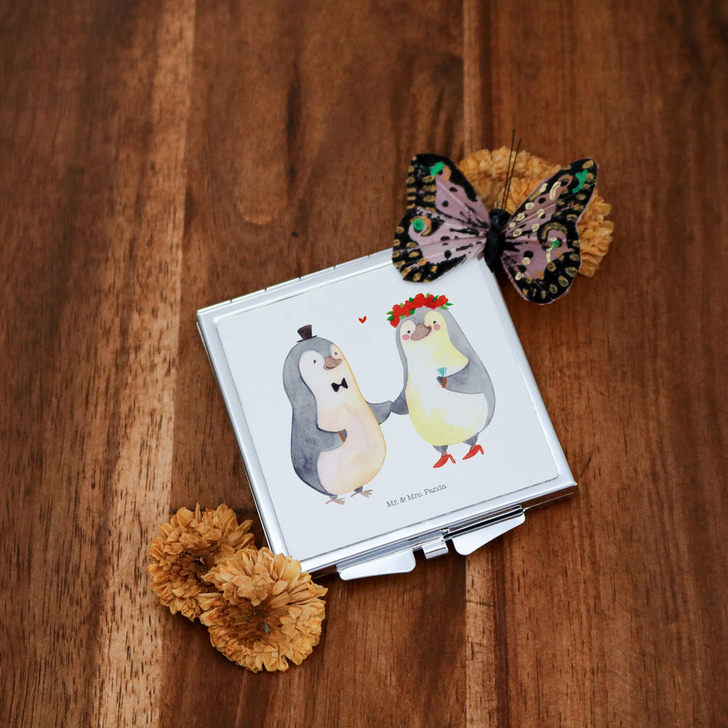 Handbag mirror Penguins getting married handbag, silver, square, make-up mirror, mirror, make up, Love, Loving, Two, Together, Marriage, Engagement, Proposal of marriage, Love gift, gift for her, gift for him, anniversary gift