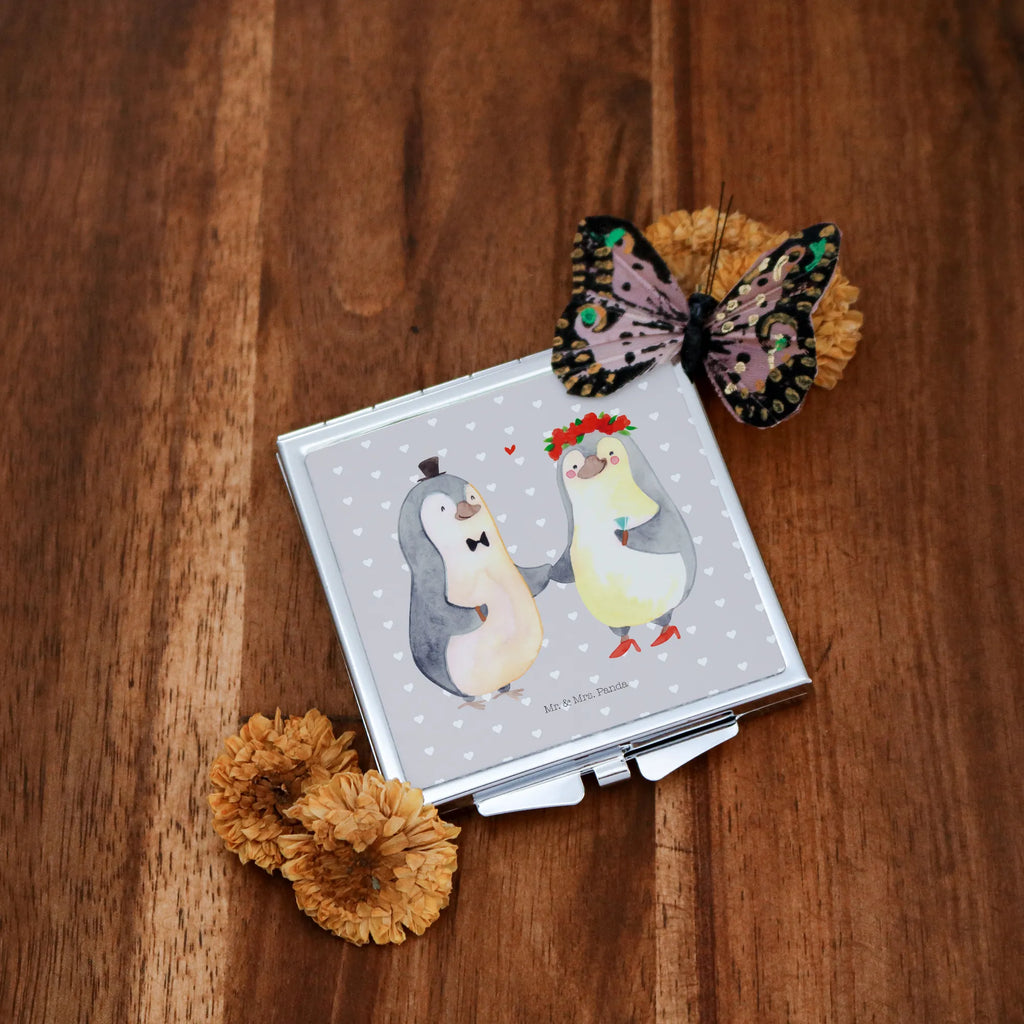 Handbag mirror Penguins getting married handbag, silver, square, make-up mirror, mirror, make up, Love, Loving, Two, Together, Marriage, Engagement, Proposal of marriage, Love gift, gift for her, gift for him, anniversary gift