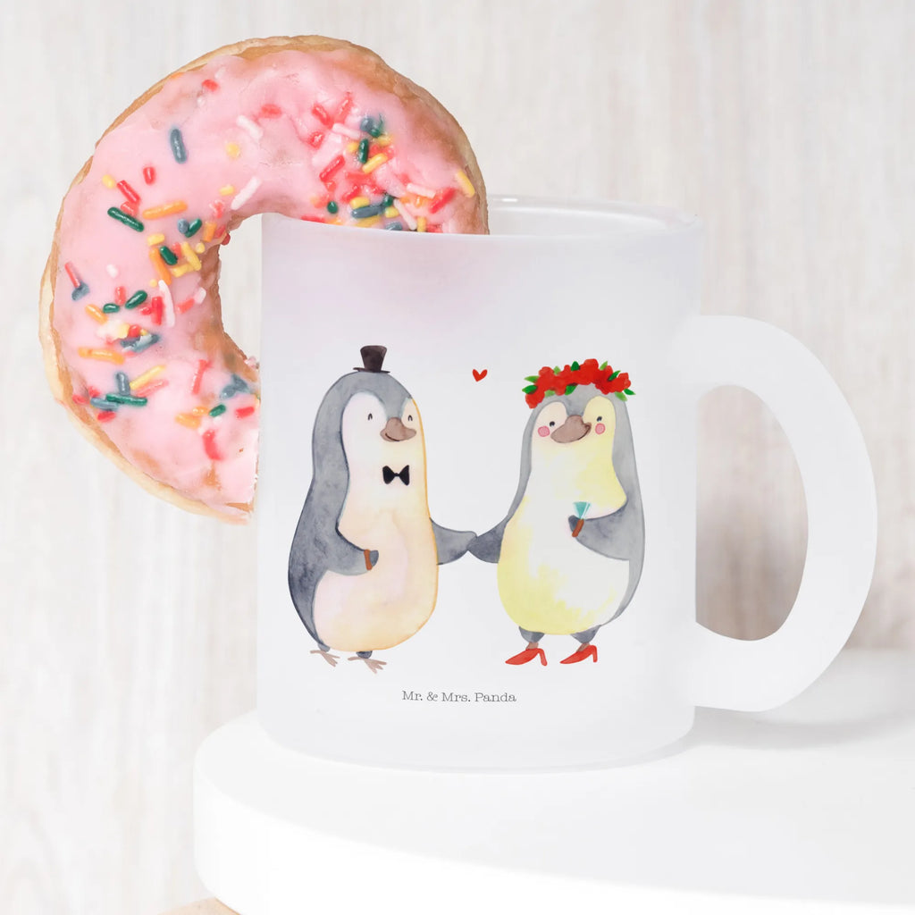 Glass tea cup Penguins getting married tea glass, glass, tea, Tea cup, mug, Love, Loving, Two, Together, Marriage, Engagement, Proposal of marriage, Love gift, gift for her, gift for him, anniversary gift