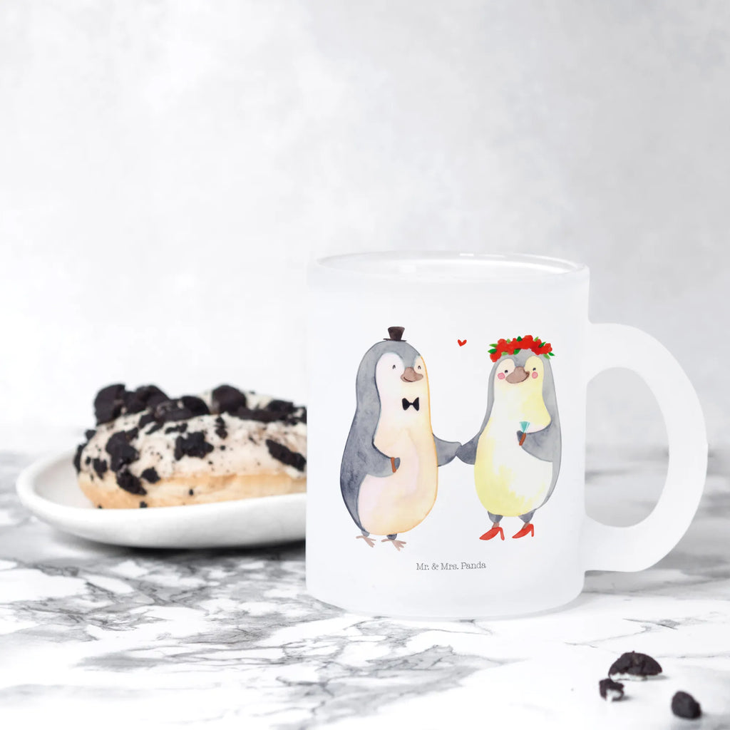 Glass tea cup Penguins getting married tea glass, glass, tea, Tea cup, mug, Love, Loving, Two, Together, Marriage, Engagement, Proposal of marriage, Love gift, gift for her, gift for him, anniversary gift