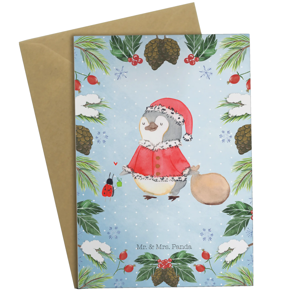 Kartka okolicznościowa Pingwin Mikołaj Zima, Boże Narodzenie, dekoracje świąteczne, Mikołaj, Adwent, Wigilia, zimowy motyw