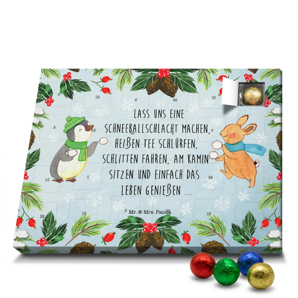 Chocolate advent calendar penguin rabbit snowball fight Christmas time, snow