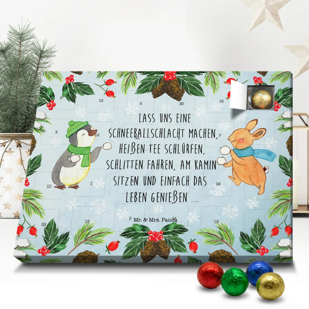 Chocolate advent calendar penguin rabbit snowball fight Christmas time, snow