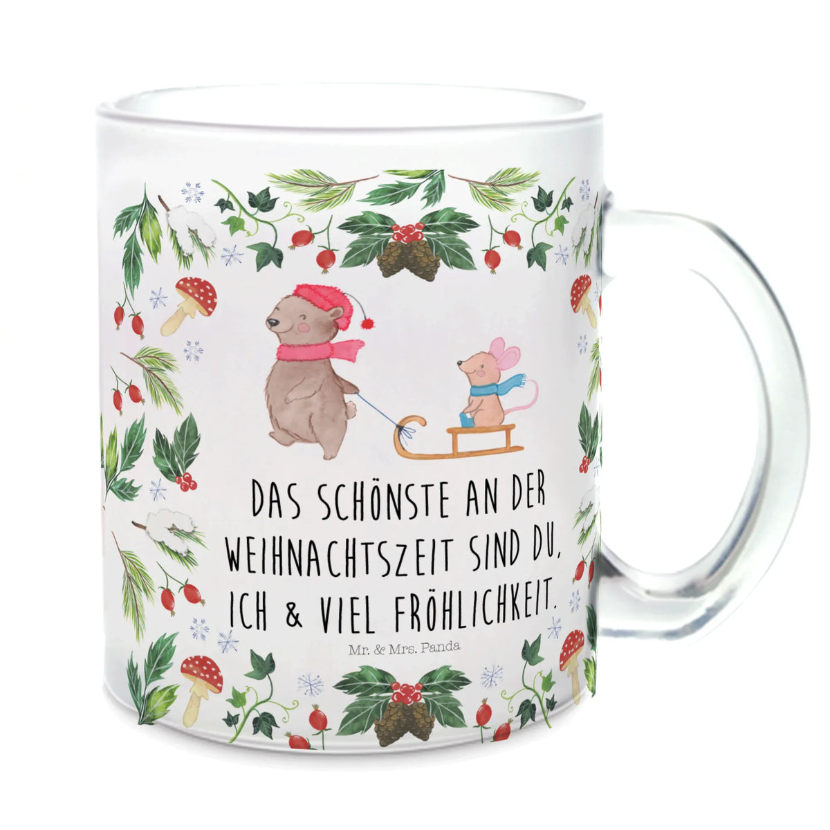 Glass tea cup bear and mouse Sleds tea glass, glass, Tea cup, mug, tea, Winter, Christmas, Christmas time, snow