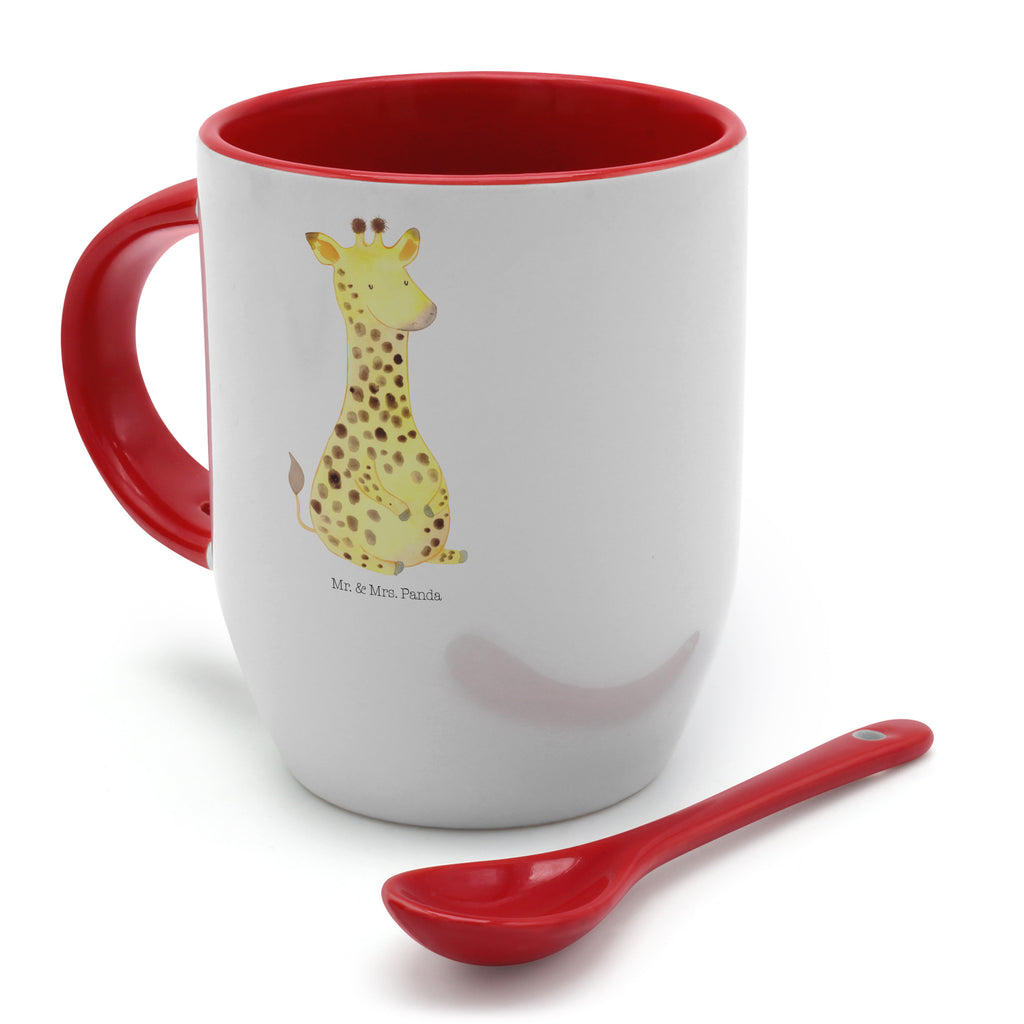 Tasse mit Löffel Giraffe Zufrieden Tasse, Kaffeetasse, Tassen, Tasse mit Spruch, Kaffeebecher, Tasse mit Löffel, Afrika, Wildtiere, Giraffe, Zufrieden, Glück, Abenteuer