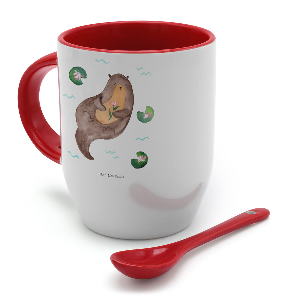 Tasse mit Löffel Otter mit Seerose Tasse, Kaffeetasse, Tassen, Tasse mit Spruch, Kaffeebecher, Tasse mit Löffel, Otter, Fischotter, Seeotter, Otter Seeotter See Otter