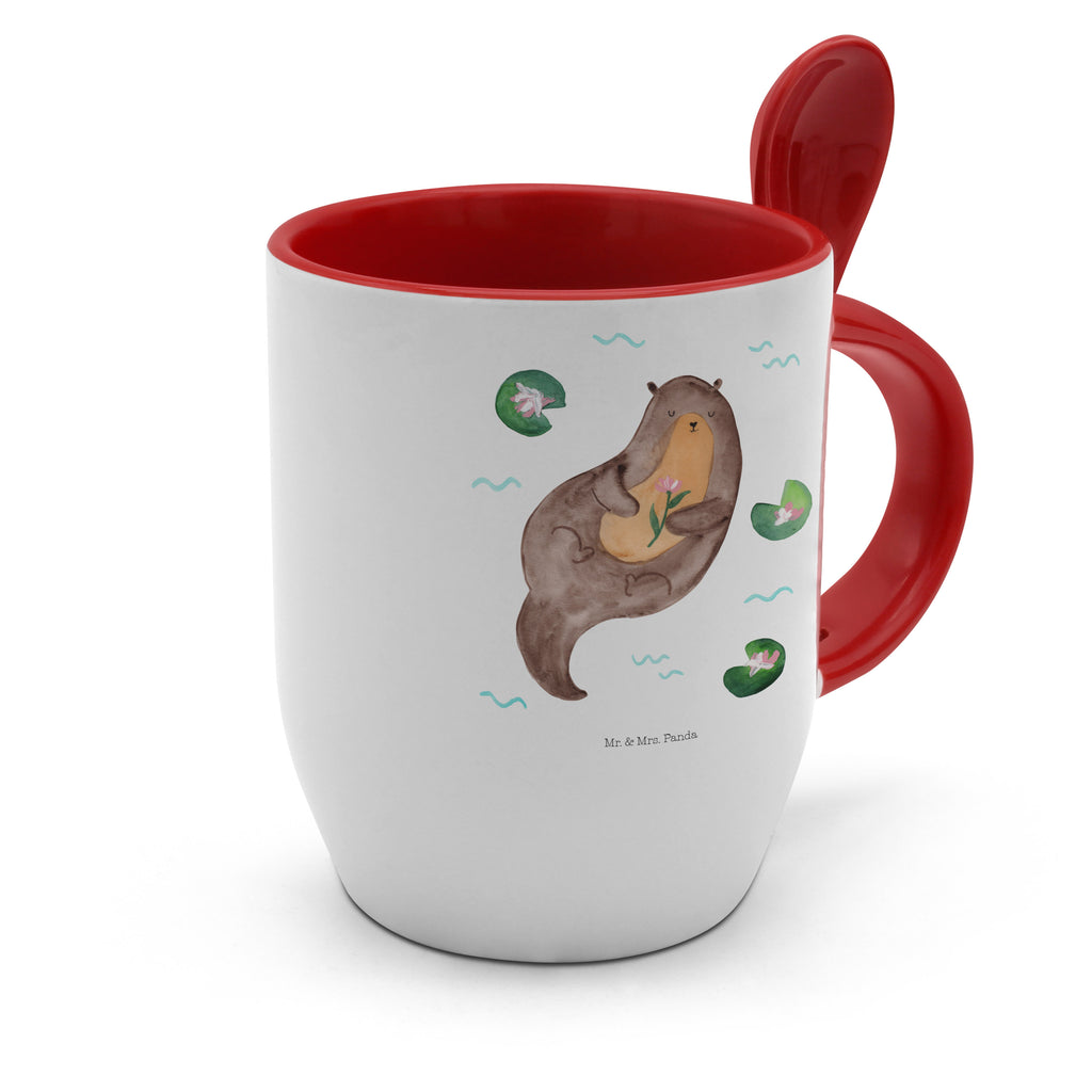Tasse mit Löffel Otter mit Seerose Tasse, Kaffeetasse, Tassen, Tasse mit Spruch, Kaffeebecher, Tasse mit Löffel, Otter, Fischotter, Seeotter, Otter Seeotter See Otter