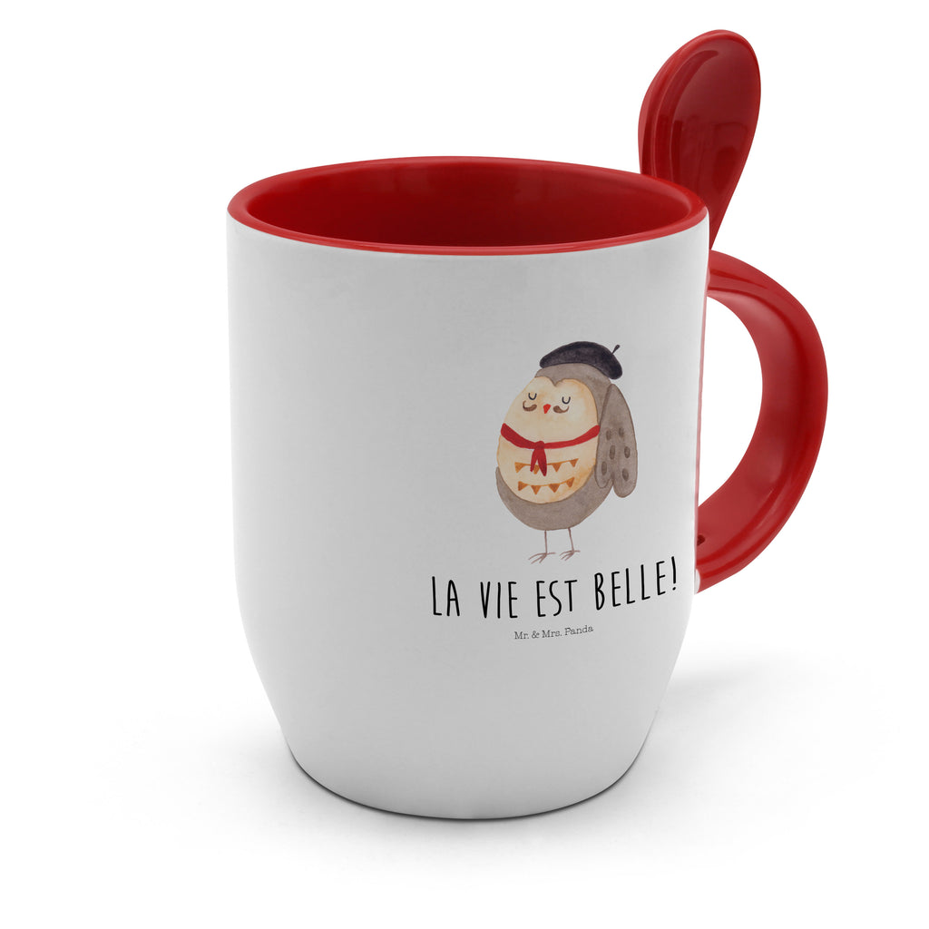 Tasse mit Löffel Eule Französisch Tasse, Kaffeetasse, Tassen, Tasse mit Spruch, Kaffeebecher, Tasse mit Löffel, Eule, Eulen, Eule Deko, Owl, hibou, La vie est belle, das Leben ist schön, Spruch schön, Spruch Französisch, Frankreich