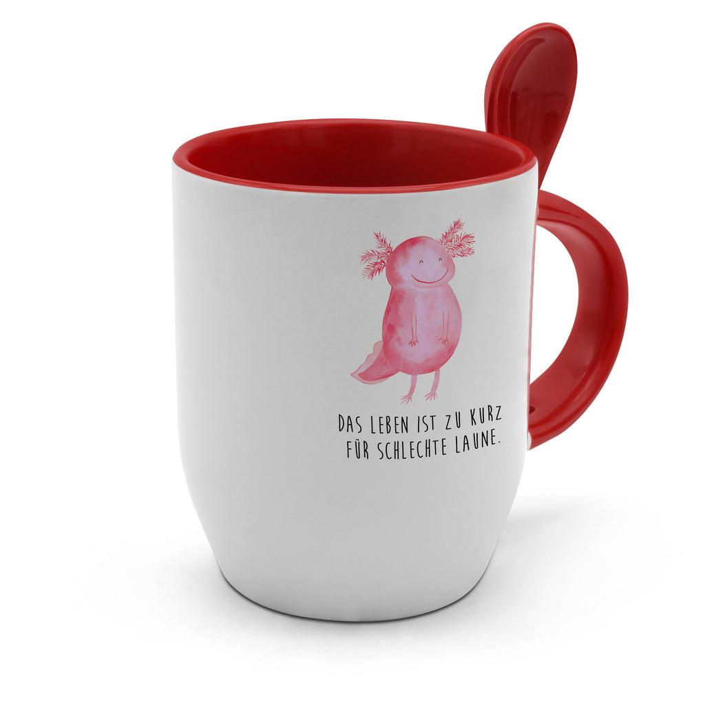 Tasse mit Löffel Axolotl glücklich Tasse, Kaffeetasse, Tassen, Tasse mit Spruch, Kaffeebecher, Tasse mit Löffel, Axolotl, Molch, Axolot, Schwanzlurch, Lurch, Lurche, Motivation, gute Laune