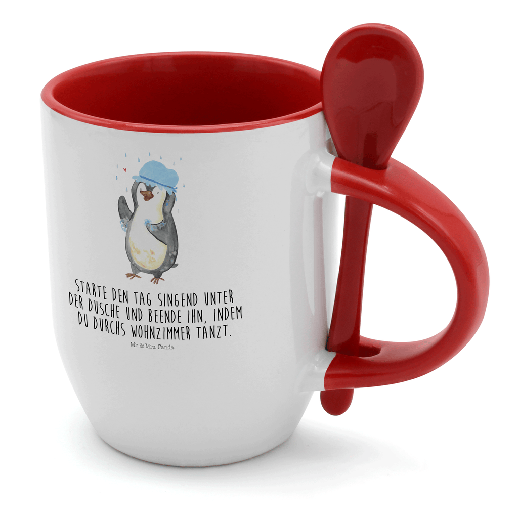 Tasse mit Löffel Pinguin duscht Tasse, Kaffeetasse, Tassen, Tasse mit Spruch, Kaffeebecher, Tasse mit Löffel, Pinguin, Pinguine, Dusche, duschen, Lebensmotto, Motivation, Neustart, Neuanfang, glücklich sein