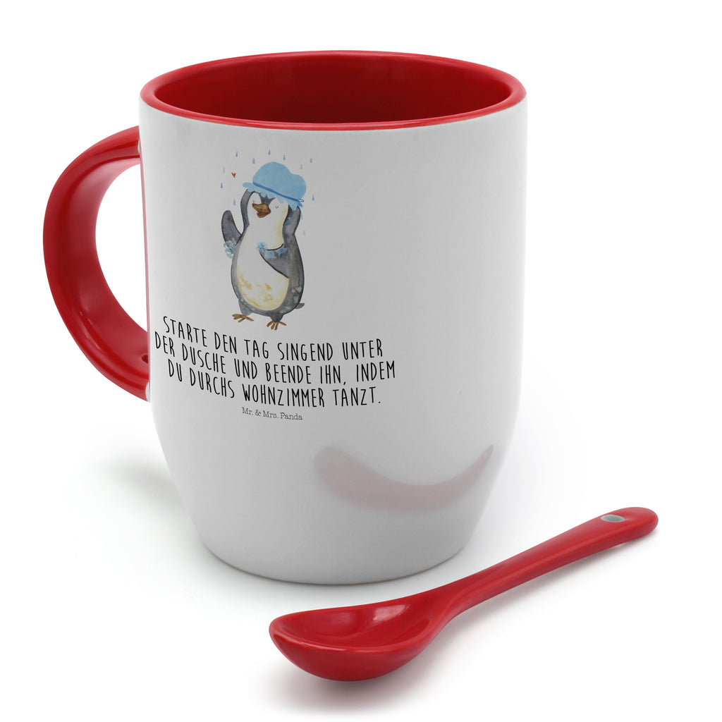 Tasse mit Löffel Pinguin duscht Tasse, Kaffeetasse, Tassen, Tasse mit Spruch, Kaffeebecher, Tasse mit Löffel, Pinguin, Pinguine, Dusche, duschen, Lebensmotto, Motivation, Neustart, Neuanfang, glücklich sein