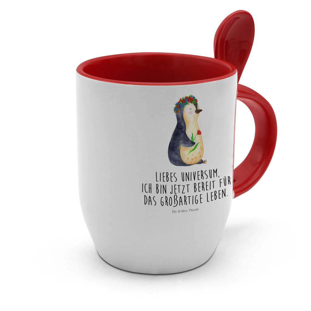 Tasse mit Löffel Pinguin Blumenkranz Tasse, Kaffeetasse, Tassen, Tasse mit Spruch, Kaffeebecher, Tasse mit Löffel, Pinguin, Pinguine, Blumenkranz, Universum, Leben, Wünsche, Ziele, Lebensziele, Motivation, Lebenslust, Liebeskummer, Geschenkidee