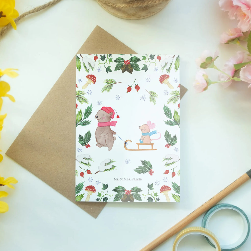 Greetings card bear and mouse Sleds Grußkarte, Karte, Einladungskarte, Ansichtskarten, Glückwunschkarte, Klappkarte, Geburtstagskarte, Hochzeitskarte, Winter, Weihnachten, Weihnachtsdeko, Nikolaus, Advent, Heiligabend, Wintermotiv