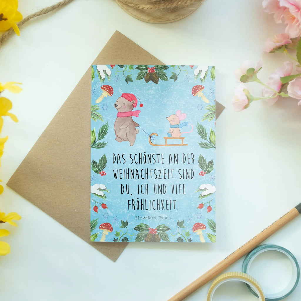 Greetings card bear and mouse Sleds Grußkarte, Karte, Einladungskarte, Ansichtskarten, Glückwunschkarte, Klappkarte, Geburtstagskarte, Hochzeitskarte, Winter, Weihnachten, Weihnachtsdeko, Nikolaus, Advent, Heiligabend, Wintermotiv