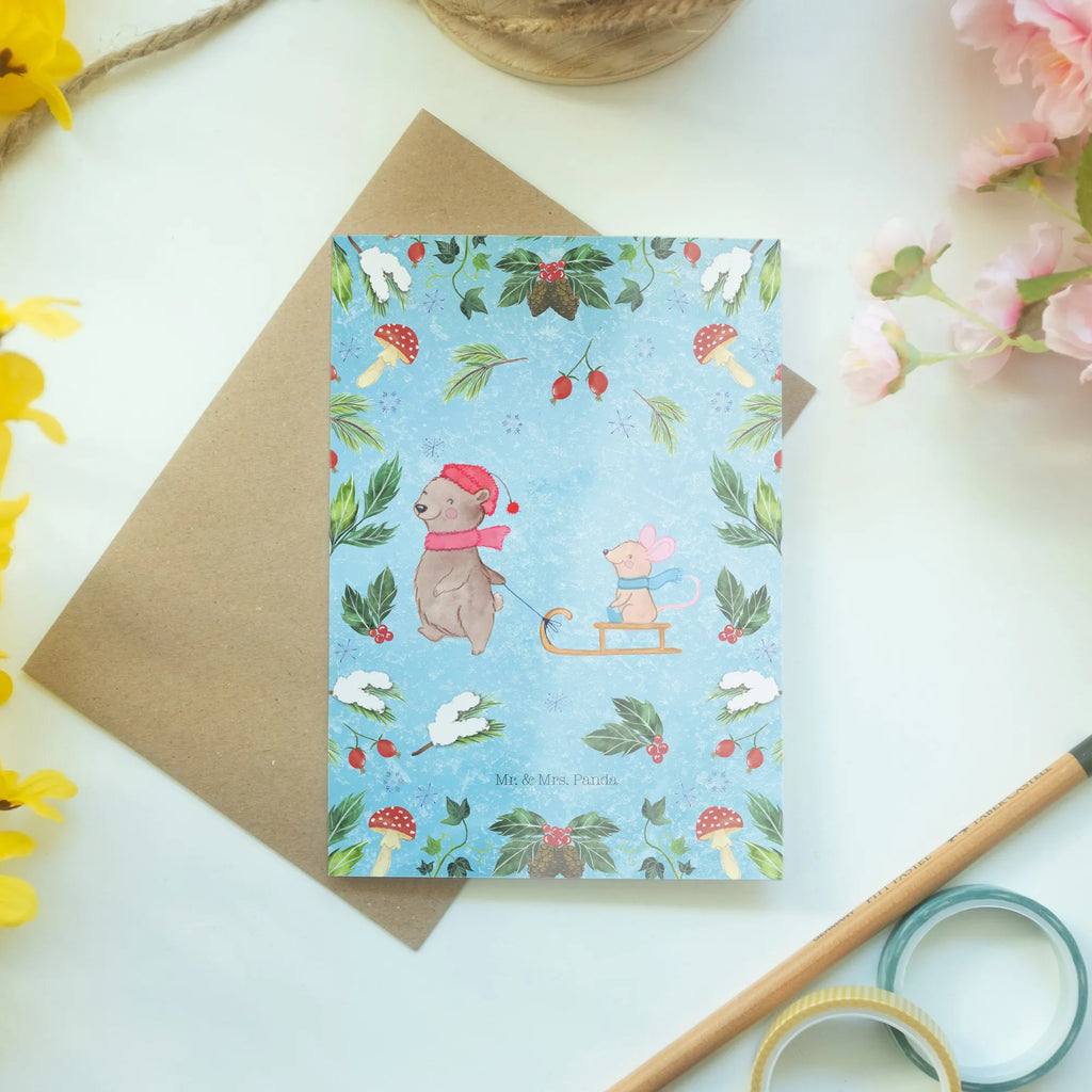 Greetings card bear and mouse Sleds Grußkarte, Karte, Einladungskarte, Ansichtskarten, Glückwunschkarte, Klappkarte, Geburtstagskarte, Hochzeitskarte, Winter, Weihnachten, Weihnachtsdeko, Nikolaus, Advent, Heiligabend, Wintermotiv