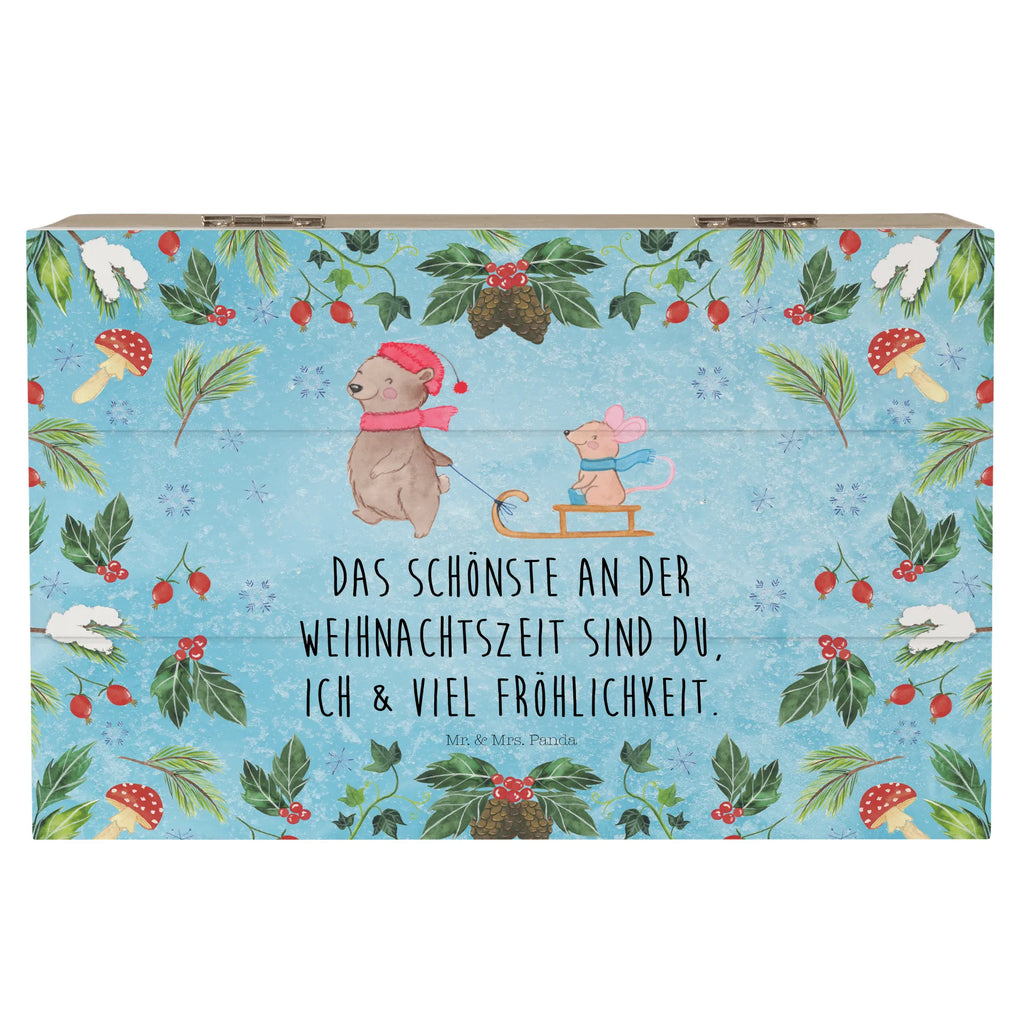Skrzynia drewniana Niedźwiedź i Mysz sanie Geschenkdose, XXL, Truhe, Geschenkbox, Holzkiste, Erinnerungskiste, Dekokiste, Kiste, Schatzkiste, Erinnerungsbox, Schatulle, Aufbewahrungsbox, Winter, Weihnachten, Weihnachtsdeko, Nikolaus, Advent, Heiligabend, Wintermotiv