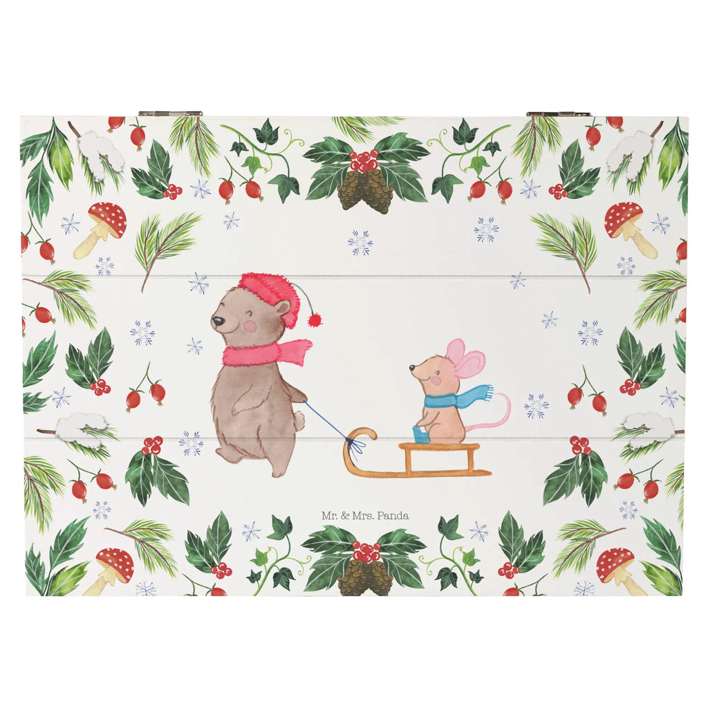 Skrzynia drewniana Niedźwiedź i Mysz sanie Geschenkdose, XXL, Truhe, Geschenkbox, Holzkiste, Erinnerungskiste, Dekokiste, Kiste, Schatzkiste, Erinnerungsbox, Schatulle, Aufbewahrungsbox, Winter, Weihnachten, Weihnachtsdeko, Nikolaus, Advent, Heiligabend, Wintermotiv