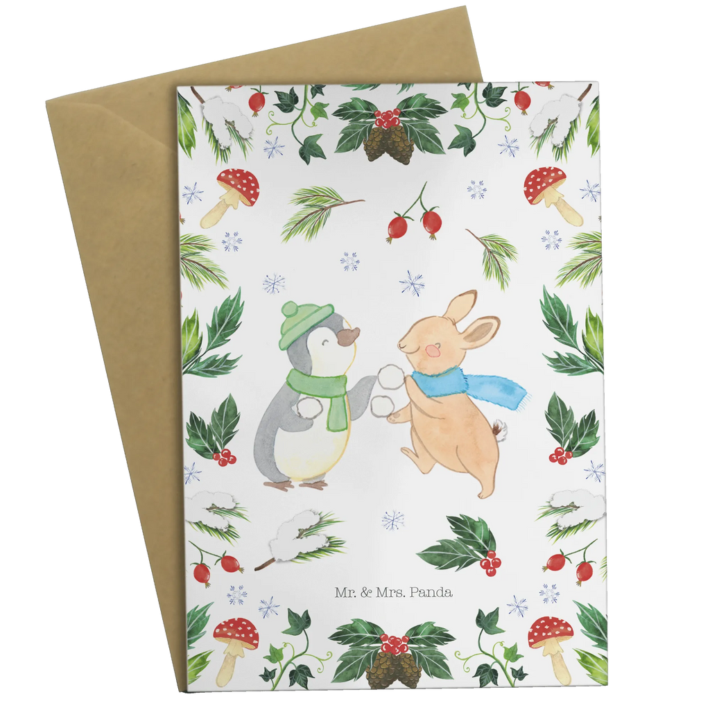 Greetings card penguin rabbit snowball fight Glückwunschkarte, Grußkarte, Hochzeitskarte, Klappkarte, Einladungskarte, Geburtstagskarte, Karte, Ansichtskarten, Winter, Weihnachten, Weihnachtsdeko, Nikolaus, Advent, Heiligabend, Wintermotiv