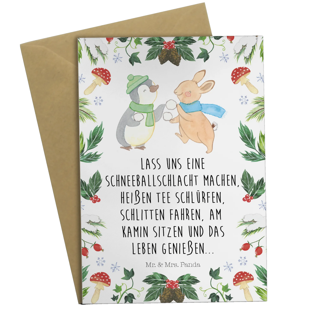 Greetings card penguin rabbit snowball fight Glückwunschkarte, Grußkarte, Hochzeitskarte, Klappkarte, Einladungskarte, Geburtstagskarte, Karte, Ansichtskarten, Winter, Weihnachten, Weihnachtsdeko, Nikolaus, Advent, Heiligabend, Wintermotiv