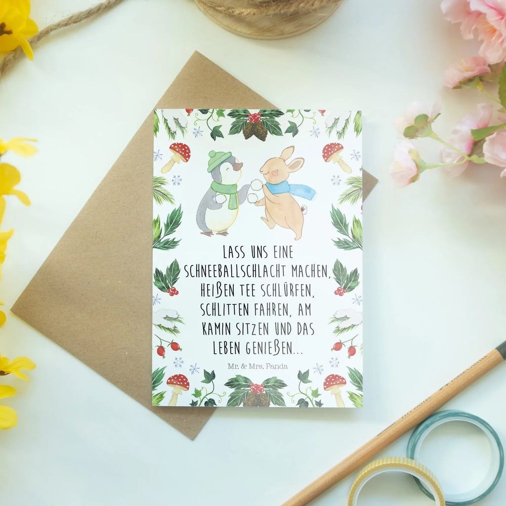 Greetings card penguin rabbit snowball fight Glückwunschkarte, Grußkarte, Hochzeitskarte, Klappkarte, Einladungskarte, Geburtstagskarte, Karte, Ansichtskarten, Winter, Weihnachten, Weihnachtsdeko, Nikolaus, Advent, Heiligabend, Wintermotiv
