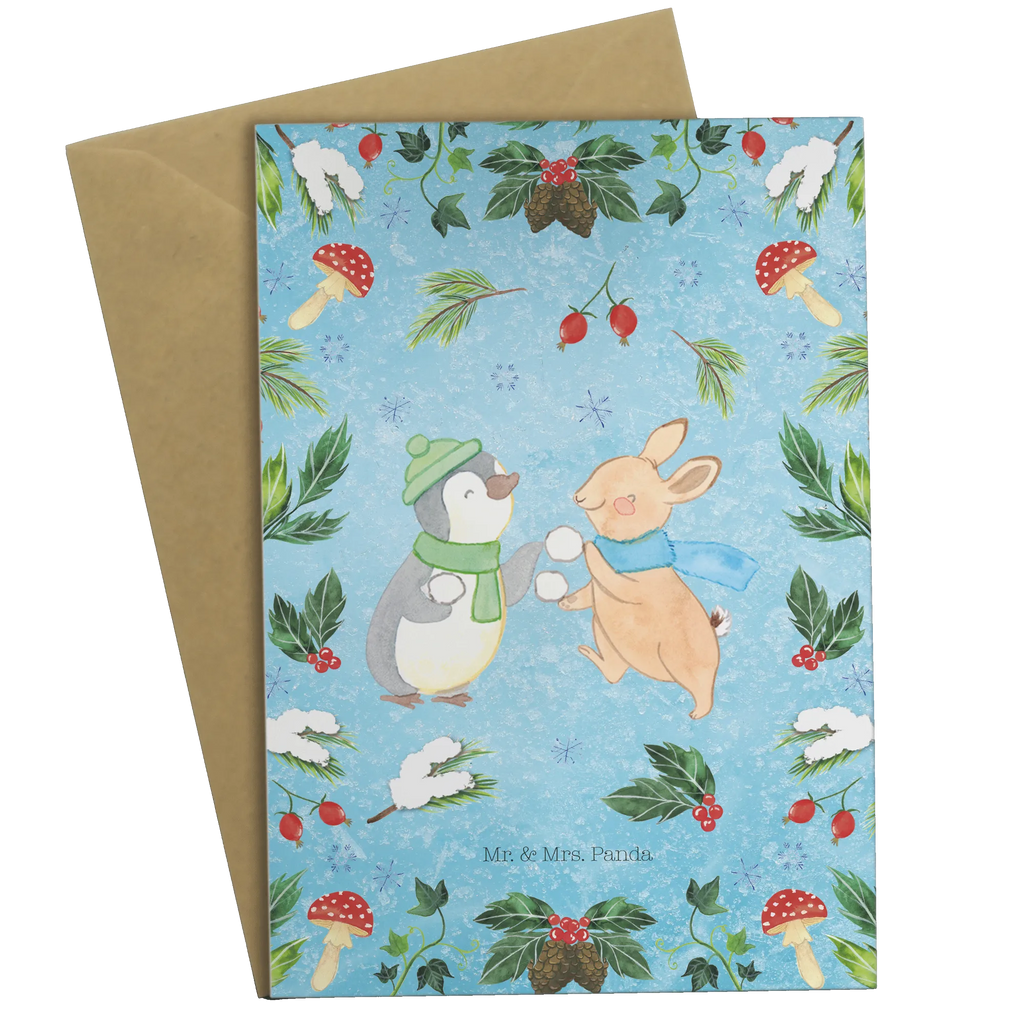 Greetings card penguin rabbit snowball fight Glückwunschkarte, Grußkarte, Hochzeitskarte, Klappkarte, Einladungskarte, Geburtstagskarte, Karte, Ansichtskarten, Winter, Weihnachten, Weihnachtsdeko, Nikolaus, Advent, Heiligabend, Wintermotiv