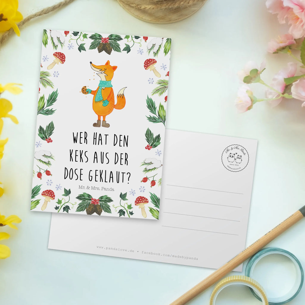 Postcard Fox cookie jar paper, card, gift card, letter, postcards, invitation, Postcard, gift, invitation card, Winter, Christmas, Christmas time, snow