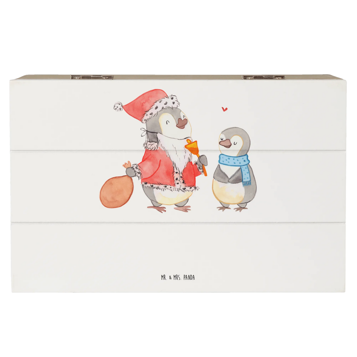 Wooden chest penguin wish list Christmas time, snow