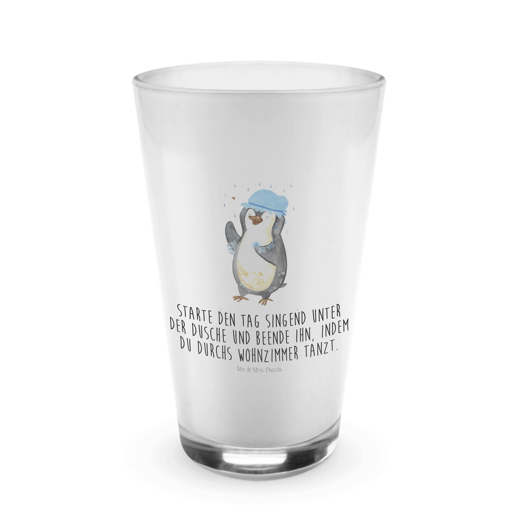 Glas Pinguin duscht Cappuccino Glas, Glas, Cappuccino Tasse, Latte Macchiato, Pinguin, Pinguine, Dusche, duschen, Lebensmotto, Motivation, Neustart, Neuanfang, glücklich sein