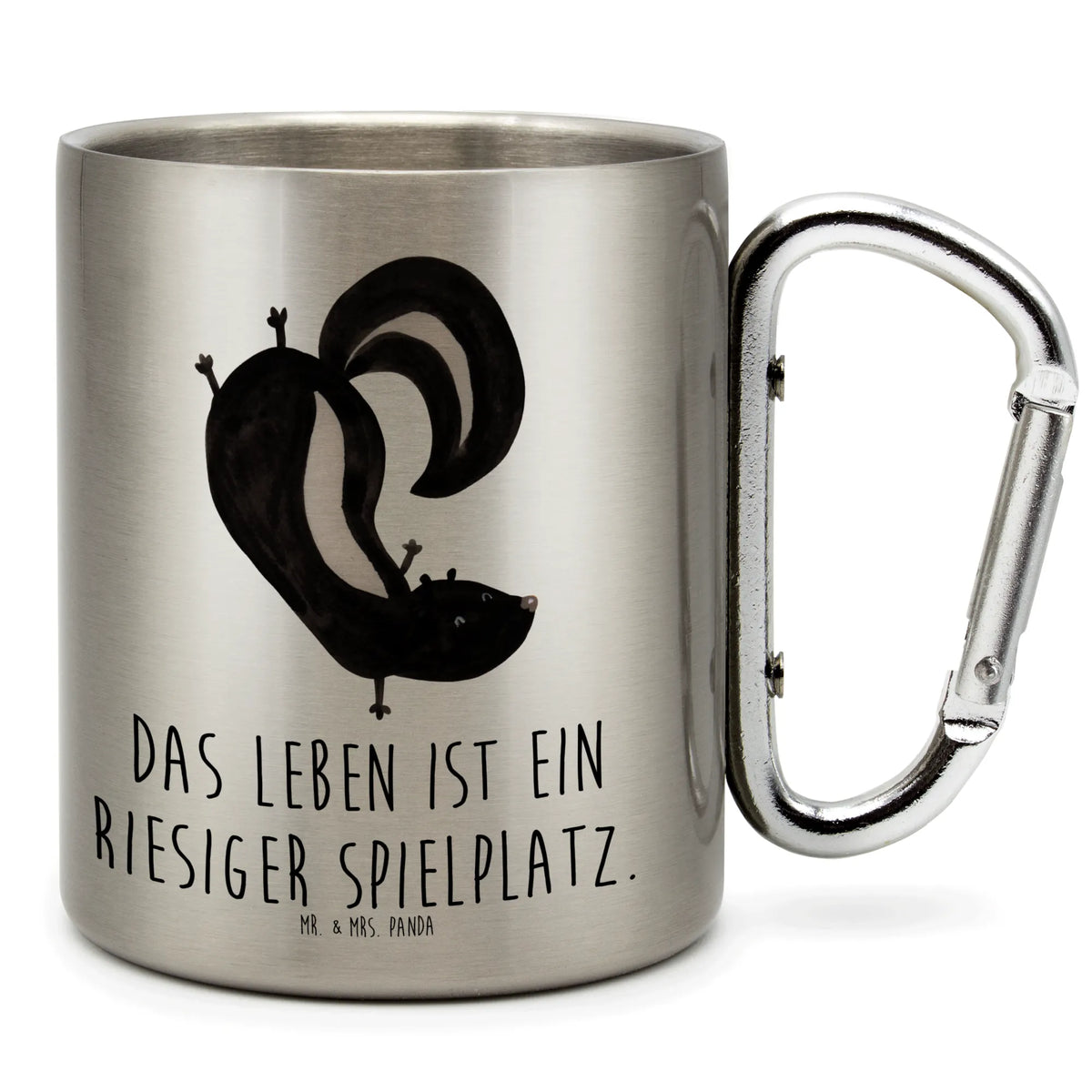 Stainless steel mug skunk handstand stink, playful, wild animal, playground, predator, child