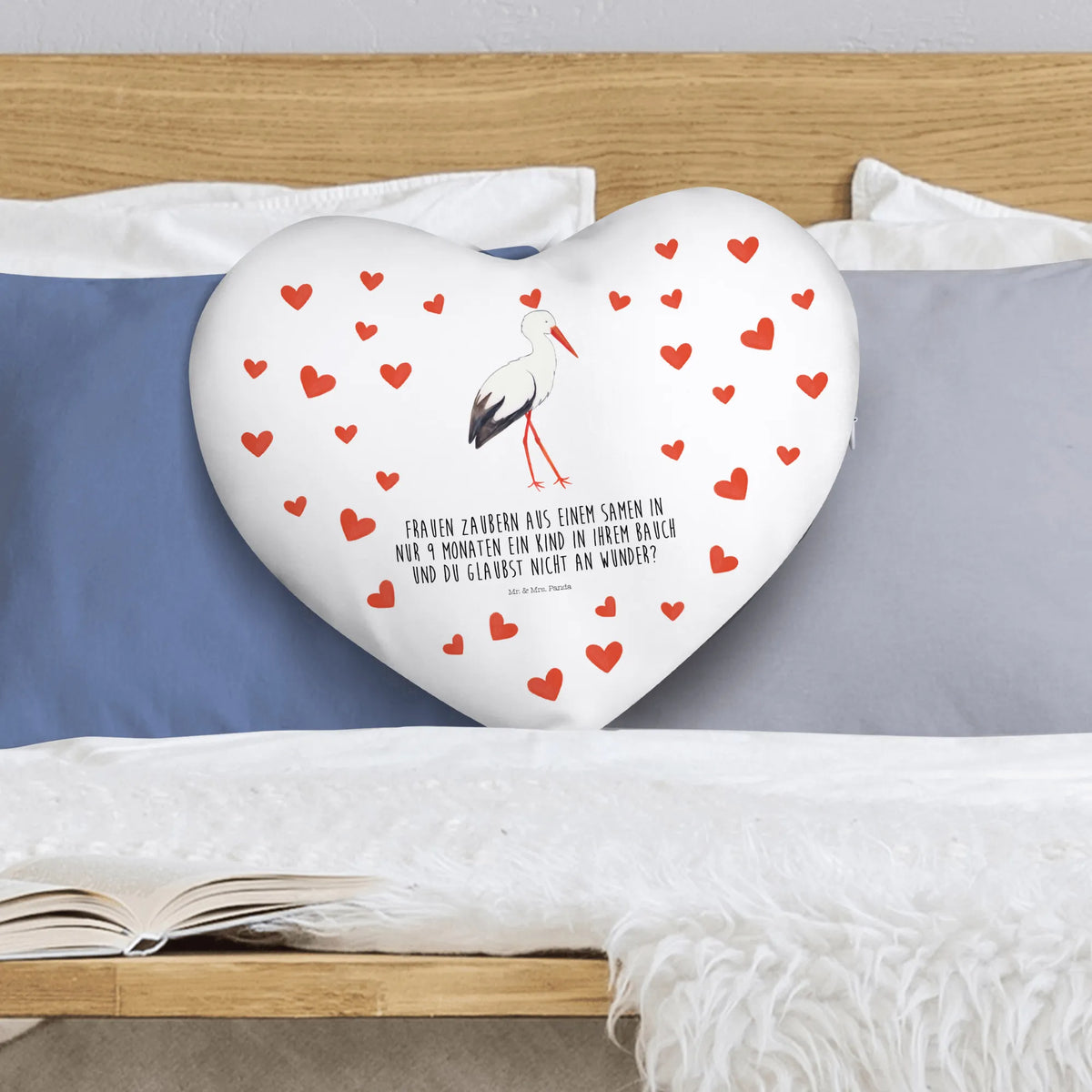 Heart cushion Stork small animals, cute, funny, cute animal motives, hand drawn, small world, funny sayings, good mood, happy, gifts, gift ideas, special gifts, animal lover, card, baby, stork, birth, becoming a mother, pregnancy, pregnant, mothers, mother, baby bump