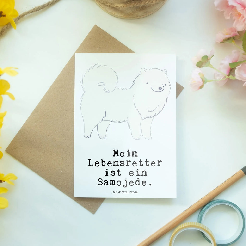 Grußkarte Samojede Lebensretter Einladungskarte, Ansichtskarten, Grußkarte, Glückwunschkarte, Klappkarte, Hochzeitskarte, Geburtstagskarte, Karte, Hund, Hunderasse, Rassehund, Hundebesitzer, Geschenk, Tierfreund, Schenken, Welpe, Samojede, Samojedenhund, Samojedenspitz