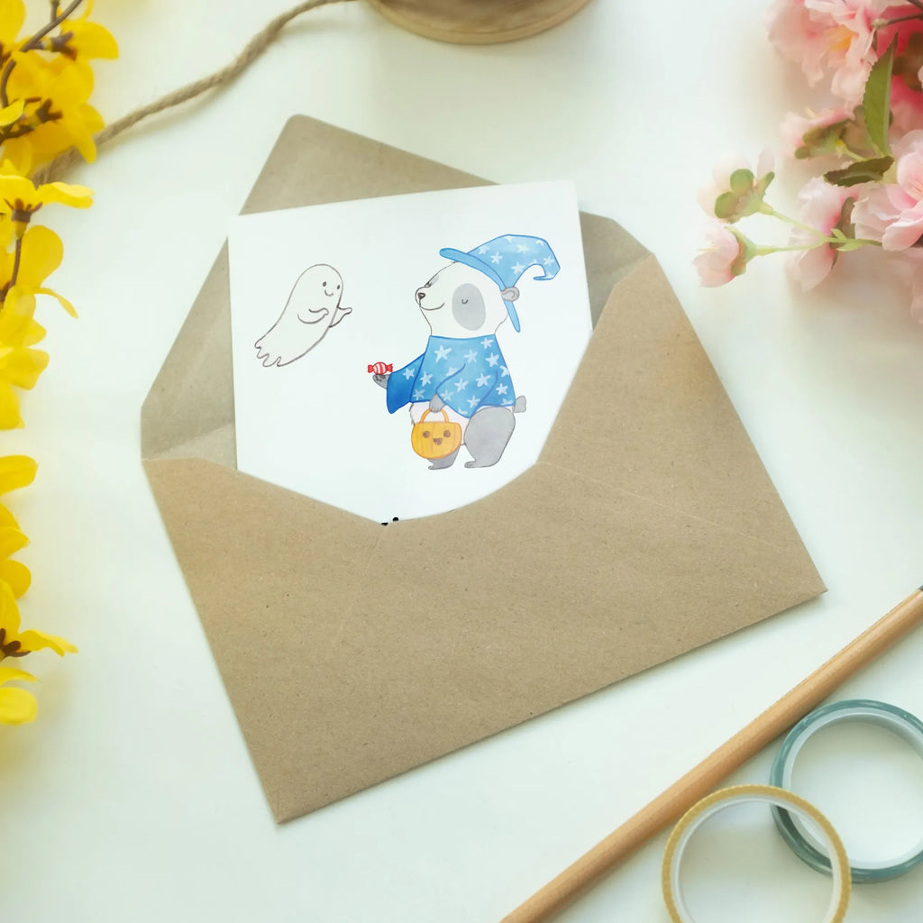 Grußkarte Panda Zauberer Geburtstagskarte, Hochzeitskarte, Ansichtskarten, Glückwunschkarte, Grußkarte, Einladungskarte, Klappkarte, Karte, Halloween, Deko, Martinssingen, Dekoration, Geschenke, Schenken, Halloween Deko, Süßes sonst gibt's saures, Panda, Gespenst, Trick or Treat, Zauberer