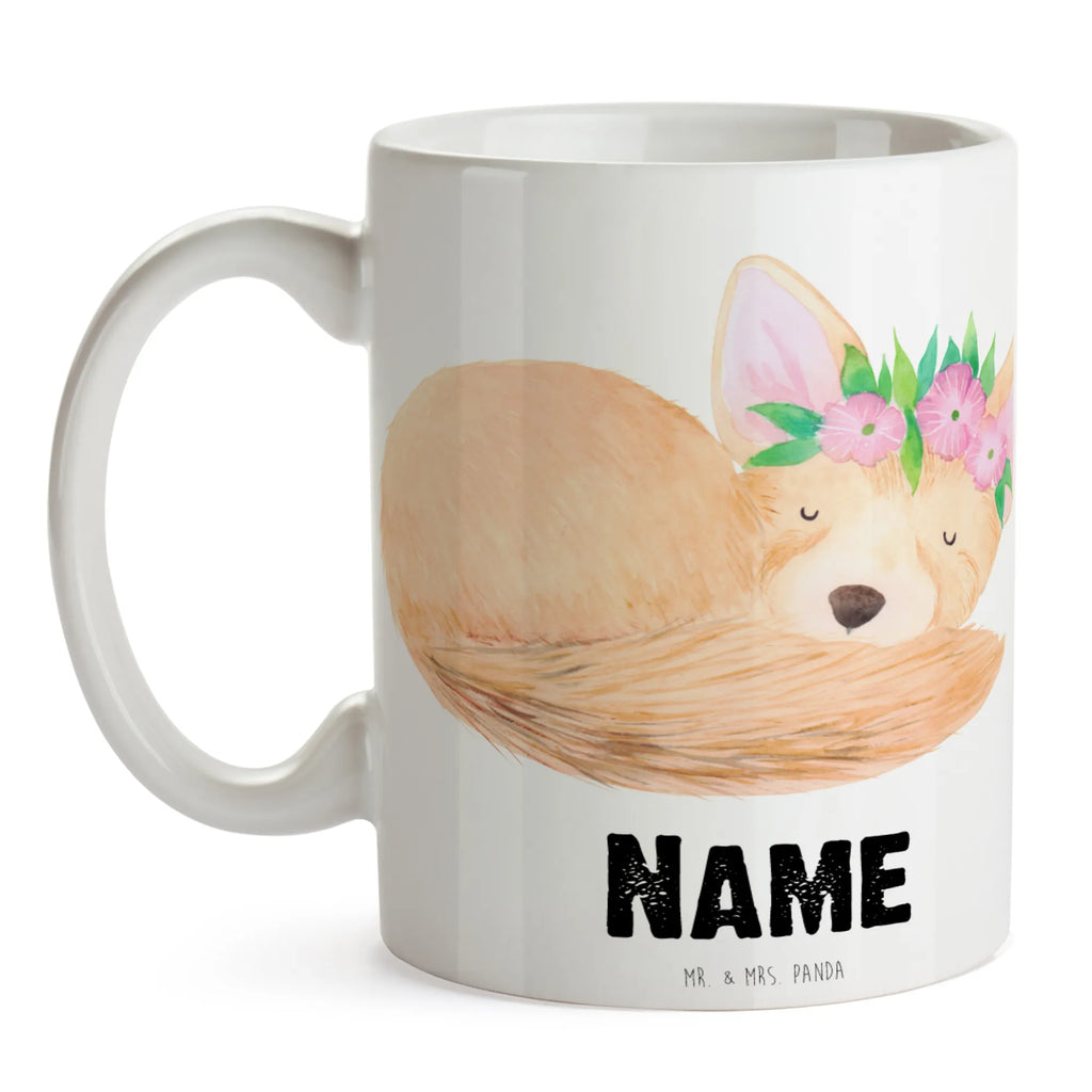 Personalisierte Tasse Wüstenfuchs Blumenkranz Personalisierte Tasse, Wunschname, Personalisiert, Tasse mit Namen, Tasse, Drucken, Namen, Namenstasse, Afrika, Wildtiere, Wüstenfuchs, Blumen, Glücklich, Blumenkranz, Wüste