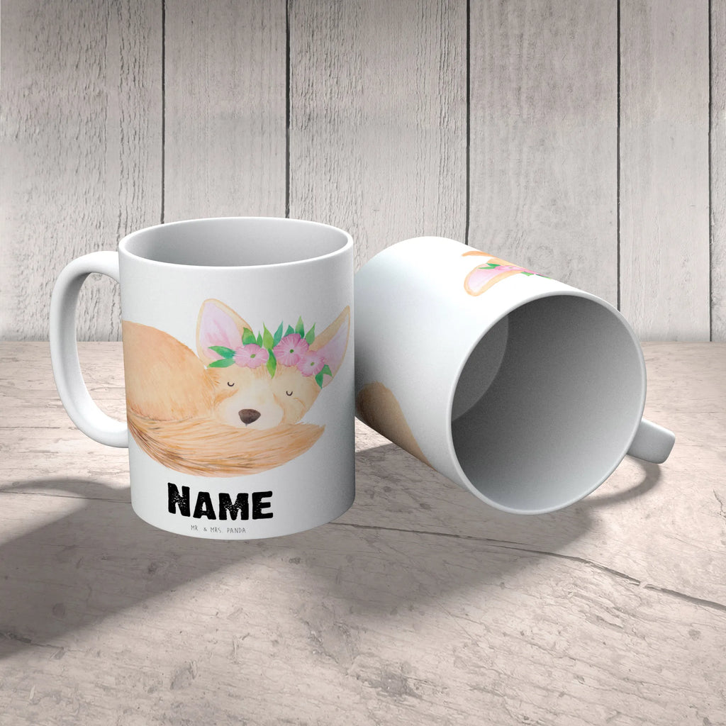 Personalisierte Tasse Wüstenfuchs Blumenkranz Personalisierte Tasse, Wunschname, Personalisiert, Tasse mit Namen, Tasse, Drucken, Namen, Namenstasse, Afrika, Wildtiere, Wüstenfuchs, Blumen, Glücklich, Blumenkranz, Wüste