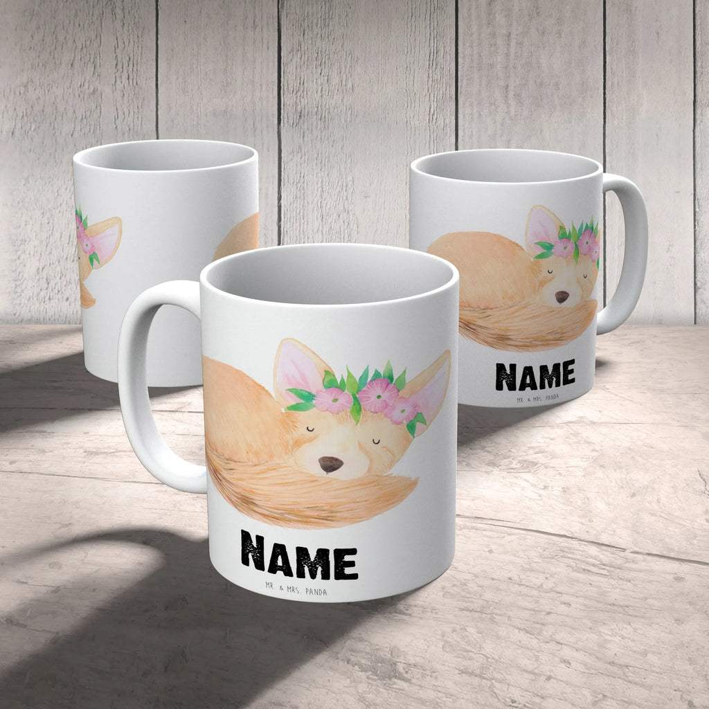 Personalisierte Tasse Wüstenfuchs Blumenkranz Personalisierte Tasse, Wunschname, Personalisiert, Tasse mit Namen, Tasse, Drucken, Namen, Namenstasse, Afrika, Wildtiere, Wüstenfuchs, Blumen, Glücklich, Blumenkranz, Wüste