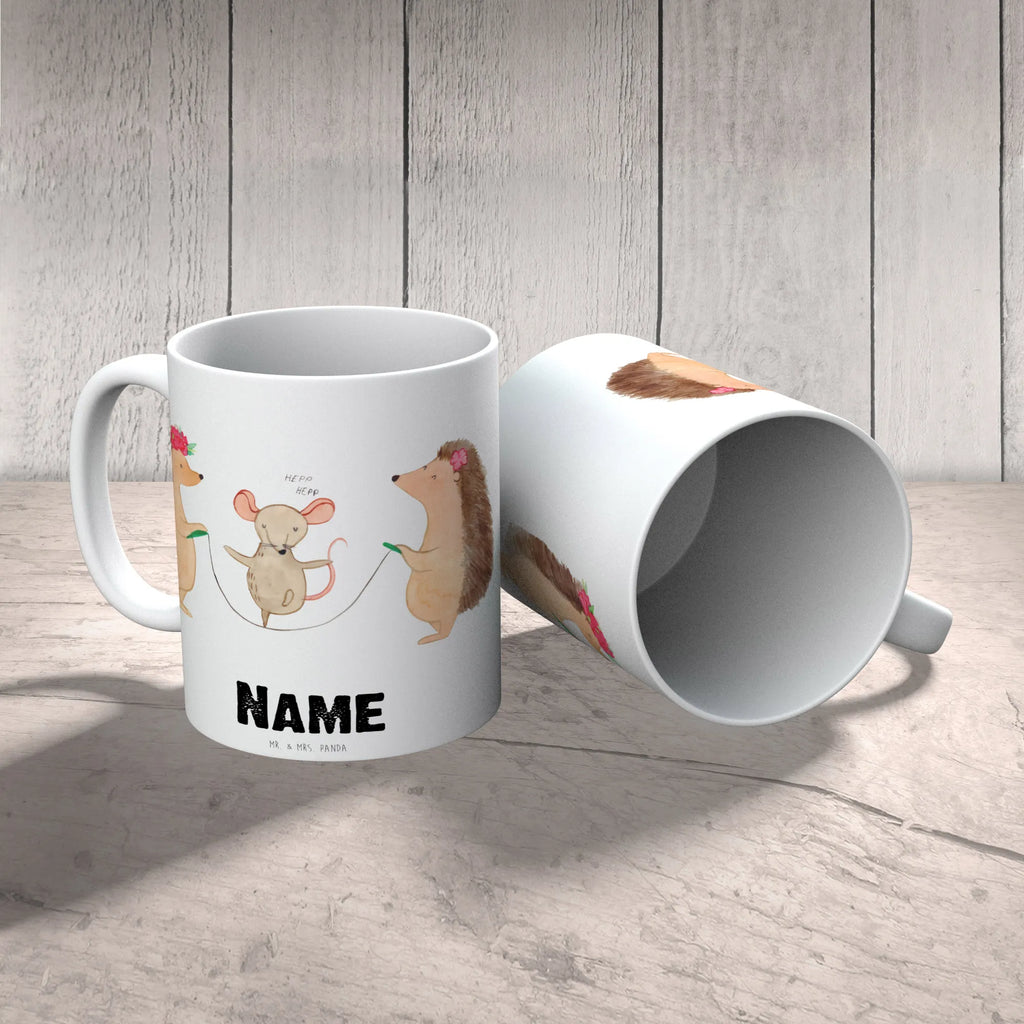 Personalised cup Hedgehog skipping small animals, cute, funny, cute animal motives, hand drawn, small world, funny sayings, good mood, happy, gifts, gift ideas, special gifts, animal lover, card, rope skipping, children, kindergarten, mouse, hedgehog