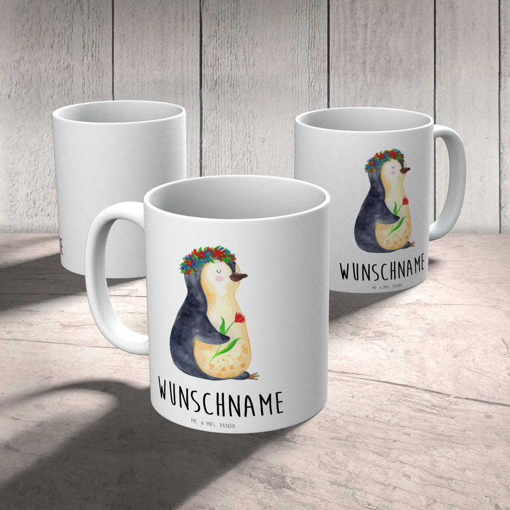 Personalisierte Tasse Pinguin Blumenkranz Tasse, Wunschname, Namen, Personalisiert, Namenstasse, Personalisierte Tasse, Tasse mit Namen, Drucken, Pinguin, Universum, Motivation, Leben, Wünsche, Lebensziele, Liebeskummer, Ziele, Blumenkranz, Pinguine, Geschenkidee, Lebenslust