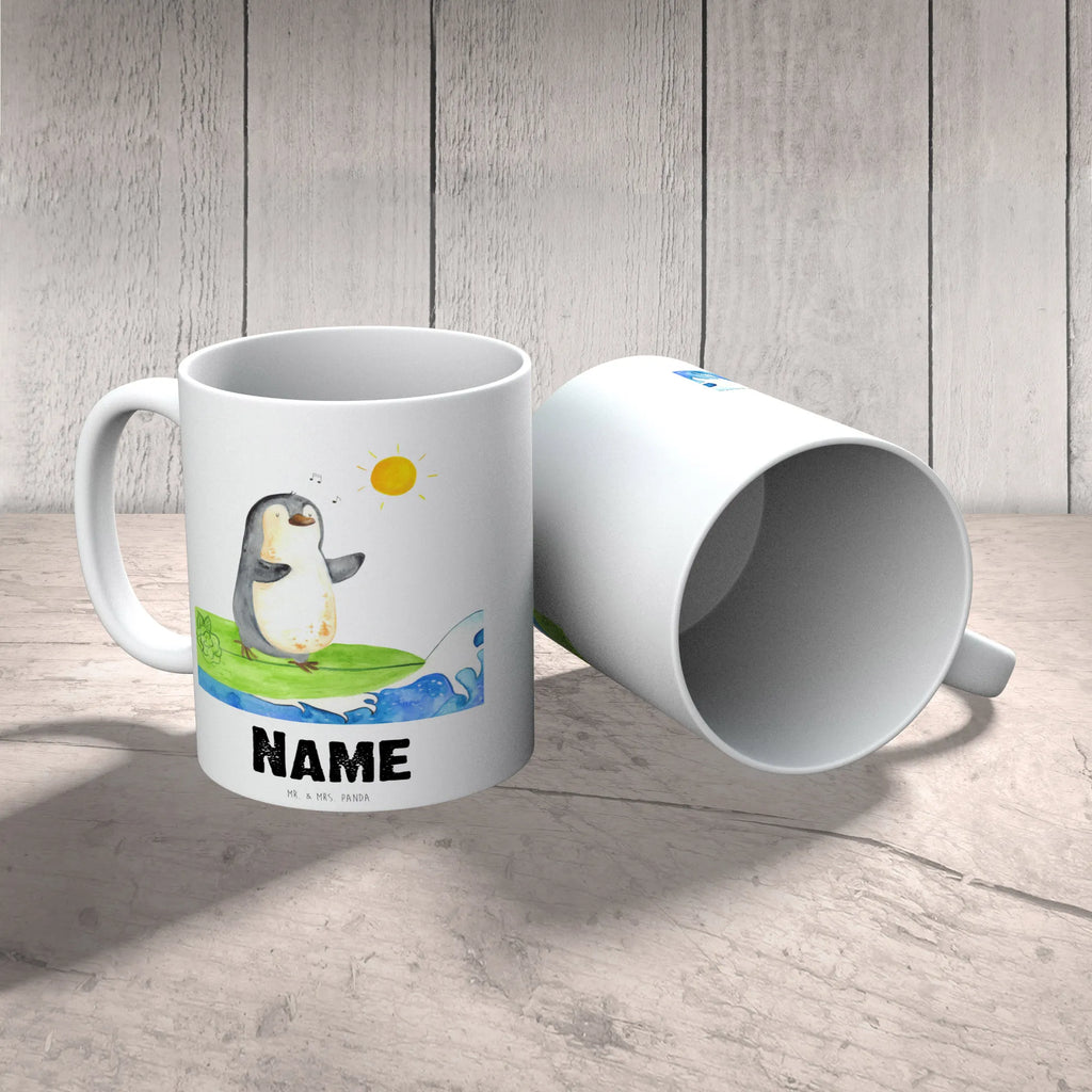 Personalisierte Tasse Pinguin Surfer Wunschname, Personalisiert, Tasse, Tasse mit Namen, Namenstasse, Namen, Drucken, Personalisierte Tasse, Pinguin, Hawaii, Urlaub, Surfer, Wellen, surfen, Pinguine, Wellen reiten, Portugal
