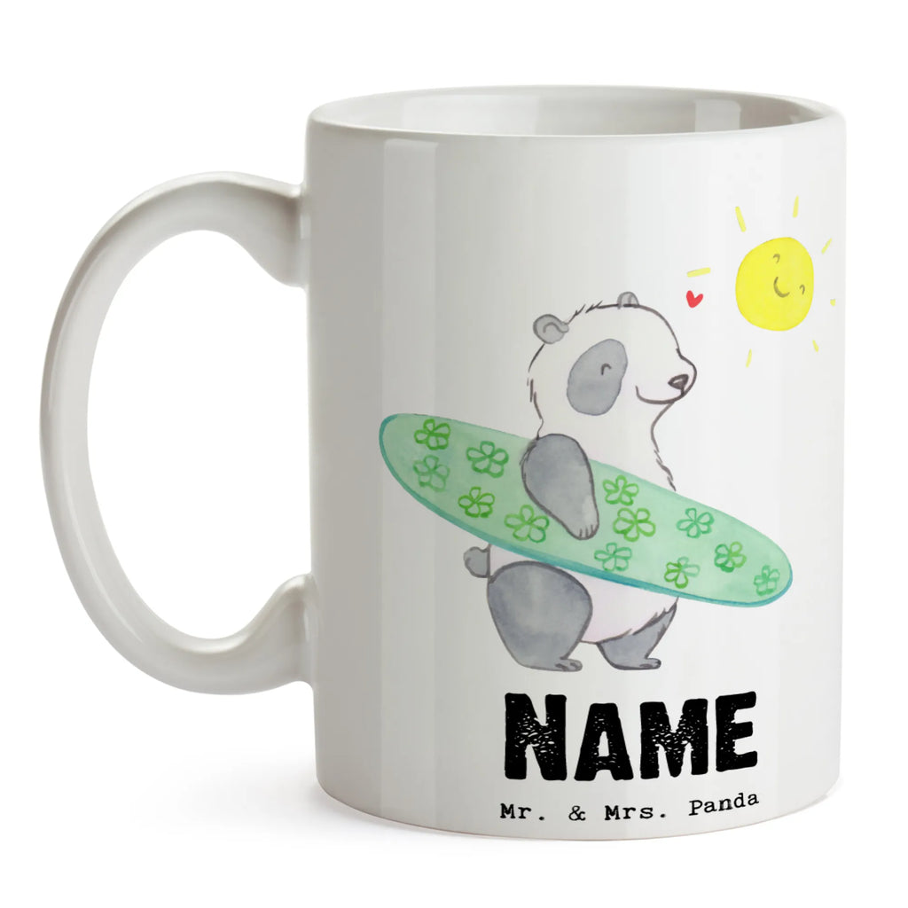 Personalisierte Tasse Panda Surfen Tasse, Namenstasse, Personalisierte Tasse, Personalisiert, Namen, Drucken, Wunschname, Tasse mit Namen, Geschenk, Schenken, Sport, Sportart, Hobby, Danke, Dankeschön, Auszeichnung, Gewinn, Sportler, Wellenreiten, Surfschule, Surfen