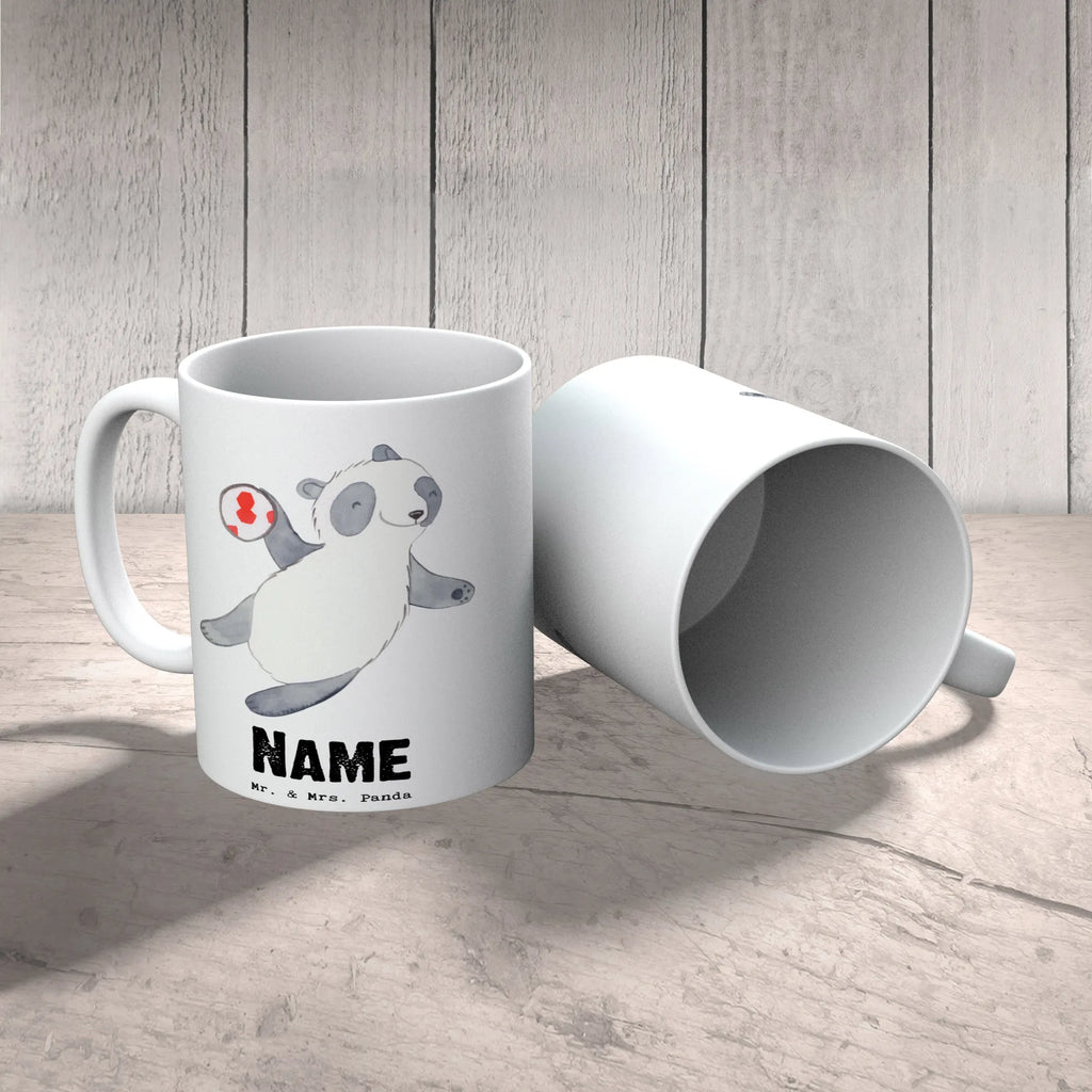 Personalisierte Tasse Panda Handball spielen Namen, Drucken, Tasse, Wunschname, Namenstasse, Personalisiert, Tasse mit Namen, Personalisierte Tasse, Geschenk, Sport, Sportart, Hobby, Schenken, Danke, Dankeschön, Auszeichnung, Gewinn, Sportler, Handball Club, Handball Turnier, Handball Verein, Handball spielen