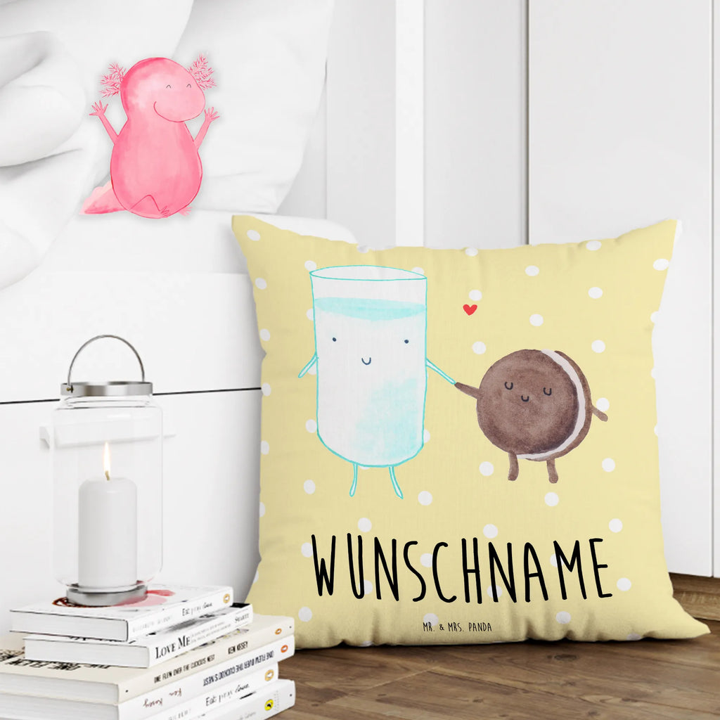 Personalisiertes Kissen Milch & Keks personalisiert, Kissen, bedrucken, Name, Kopfkissen, Wunschname, Tiermotive, Gute Laune, lustige Sprüche, Tiere, romantisch, Cookie, Keks, Milch, Kekse, perfektes Paar, Milk, Motiv süß, Einladung Frühstück, Kaffee