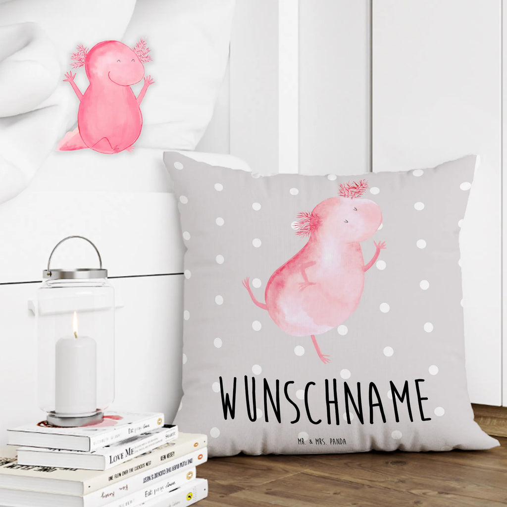 Personalisiertes Kissen Axolotl tanzt Kopfkissen, bedrucken, Kissen, Wunschname, Name, personalisiert, Axolotl, Molch, Schwanzlurch, Lurch, Freundin, Sterne, Dachschaden, beste Freundin, verrückt, Lurche, Axolot