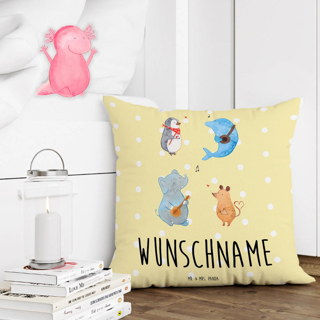 Personalised cushion Big tape small animals, cute, funny, cute animal motives, hand drawn, small world, funny sayings, good mood, happy, gifts, gift ideas, special gifts, animal lover, card, band, musicians, penguin, music, triangle, mouse, guitar, elephant, dog, dolphin