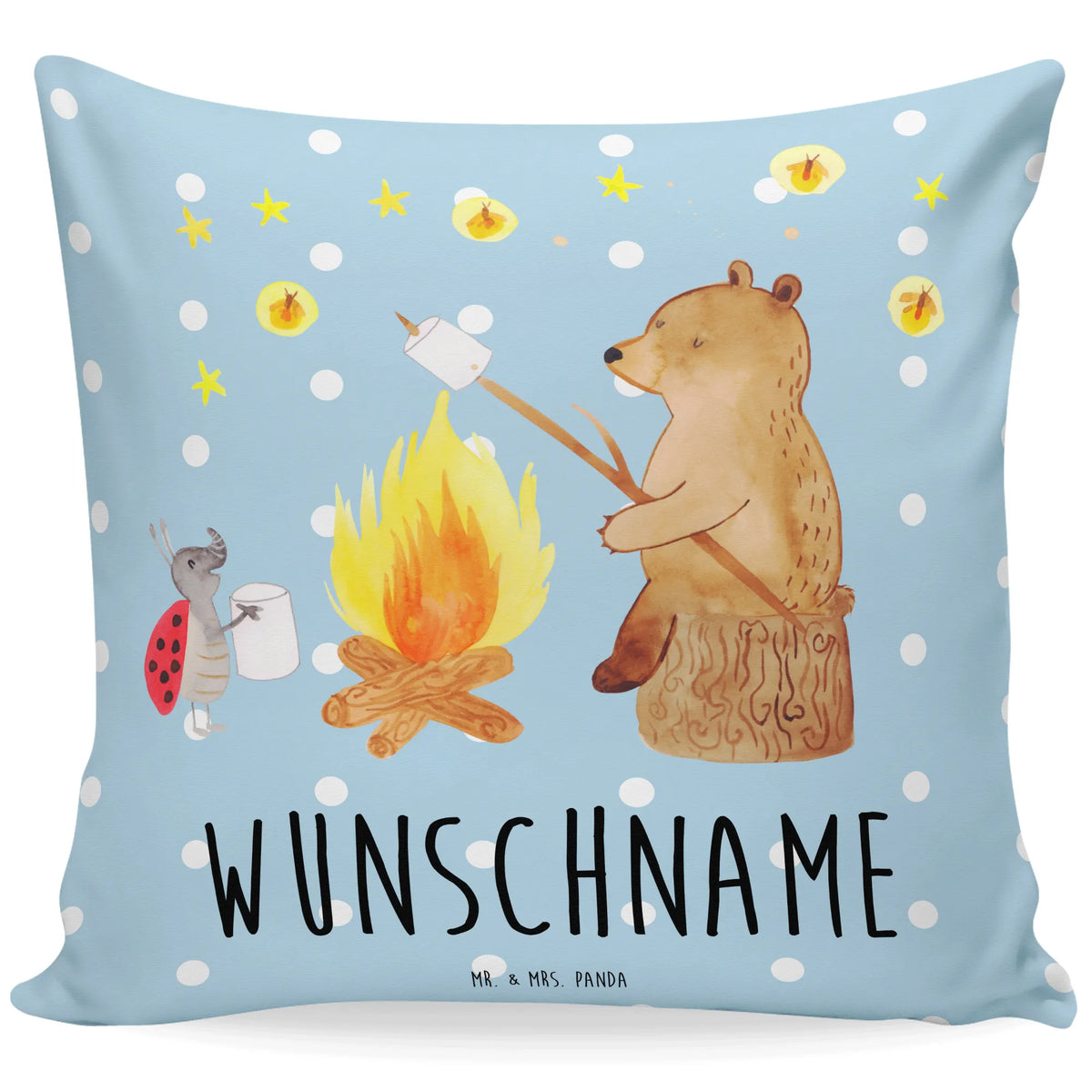 Personalised cushion Bear & Ladybird campfire bear, teddy, teddy bear, cuddly toy, Campfire