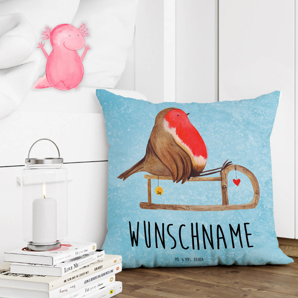 Personalizowana poduszka rudzik sanki Zima, Boże Narodzenie, dekoracje świąteczne, Mikołaj, Adwent, Wigilia, zimowy motyw