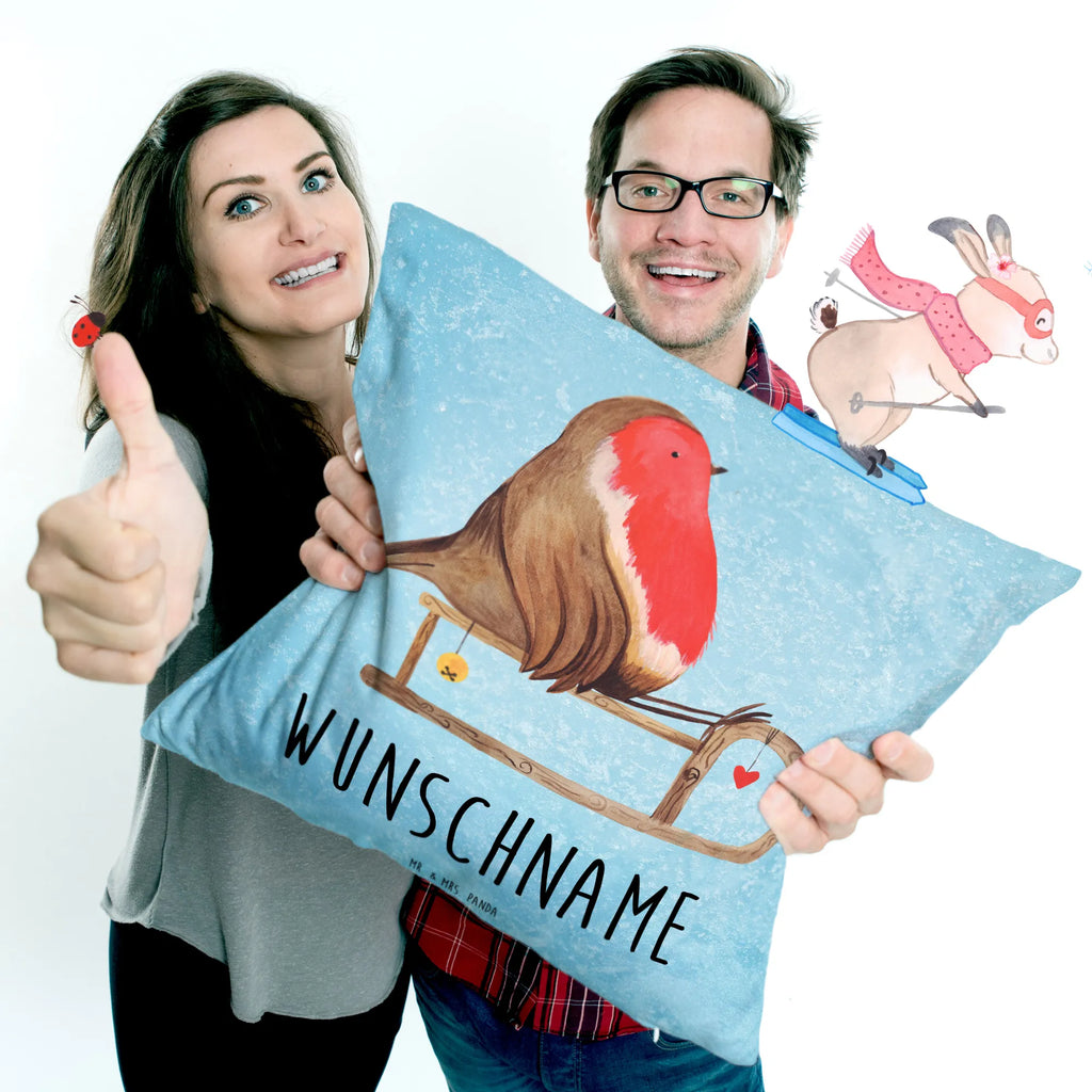 Personalizowana poduszka rudzik sanki Zima, Boże Narodzenie, dekoracje świąteczne, Mikołaj, Adwent, Wigilia, zimowy motyw