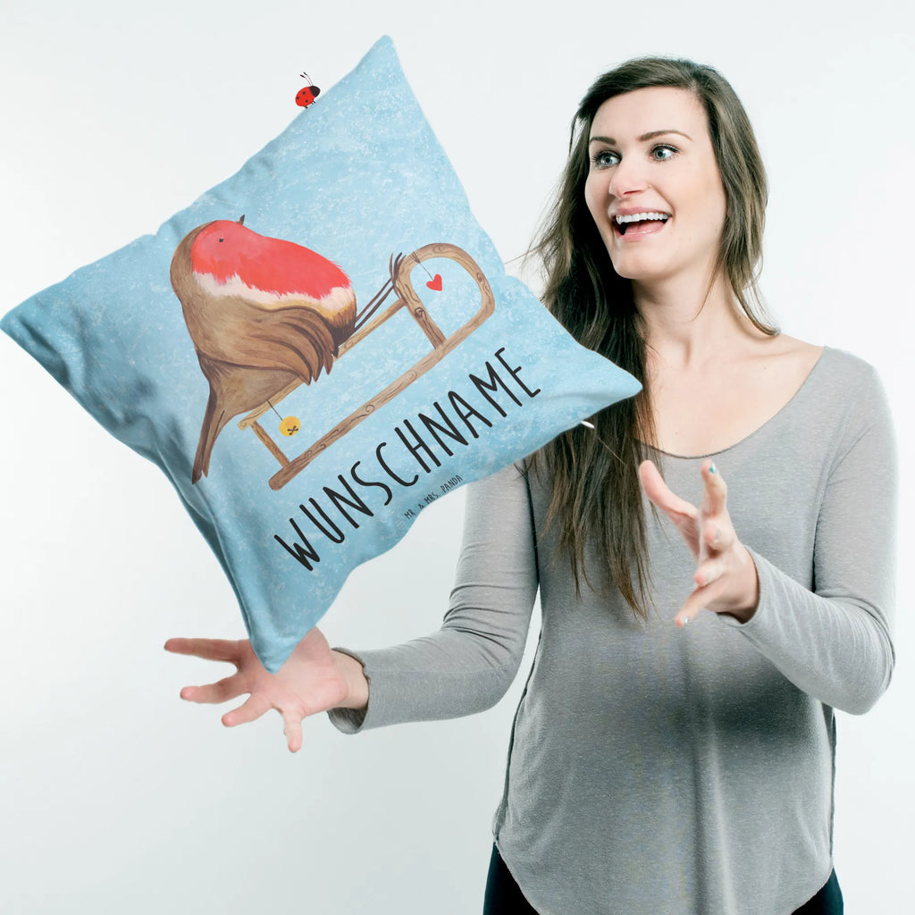 Personalizowana poduszka rudzik sanki Zima, Boże Narodzenie, dekoracje świąteczne, Mikołaj, Adwent, Wigilia, zimowy motyw