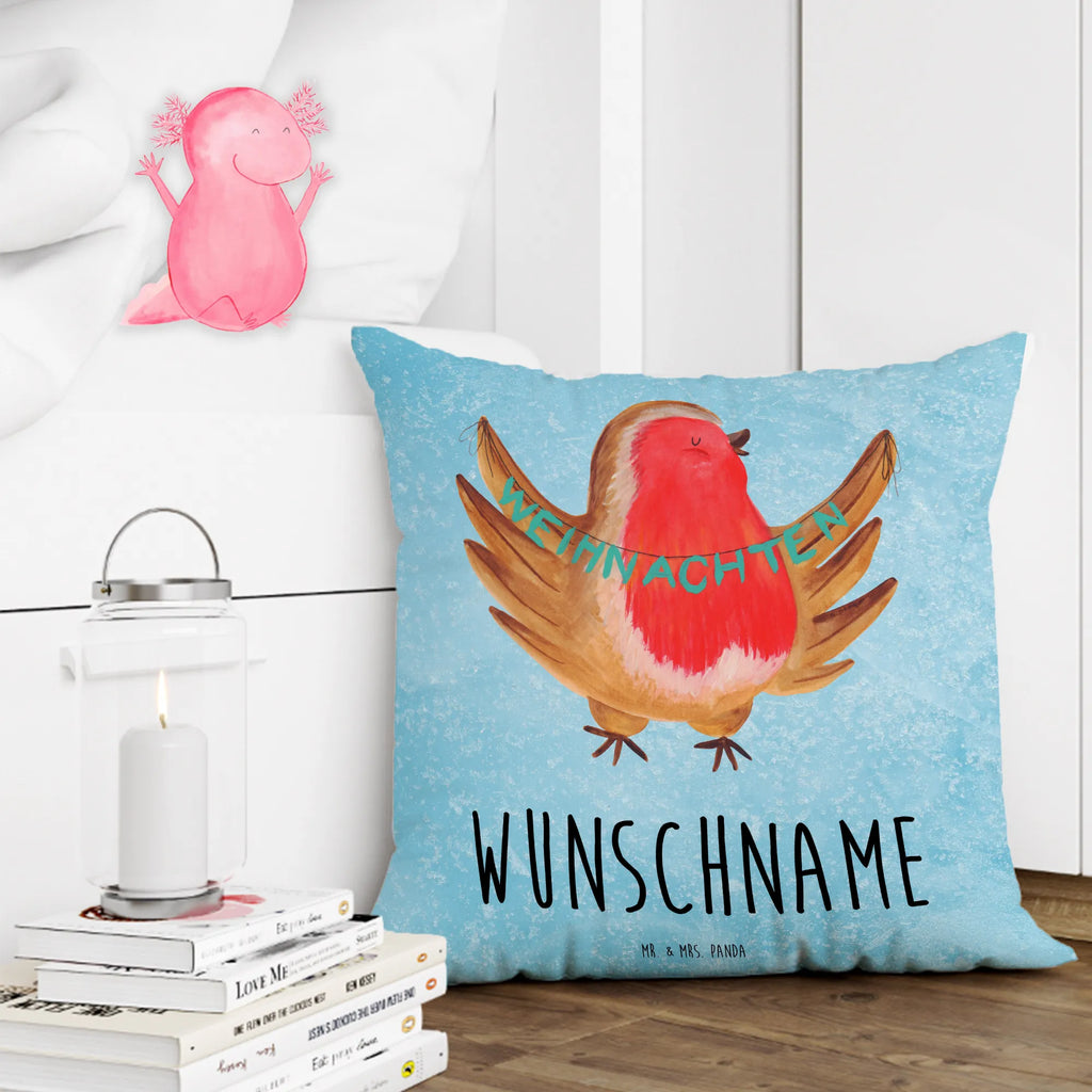 Personalisiertes Kissen Rotkehlchen Weihnachten Wunschname, bedrucken, Kopfkissen, personalisiert, Name, Kissen, Winter, Weihnachten, Weihnachtsdeko, Nikolaus, Advent, Heiligabend, Wintermotiv, Vogel, Weihnachtsgruß, xmas, Frohe Weihnachten, Weihnachtsmotiv