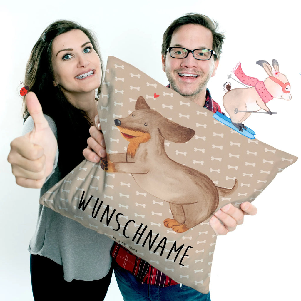 Personalisiertes Kissen Hund Dackel fröhlich Wunschname, Name, Kissen, Personalisiert, Bedrucken, Kopfkissen, Sprüche, Hund, Hunderasse, Hundebesitzer, Hundemotiv, Haustier, Tierliebhaber, Hunde, Happy Dog, Dachshund, Dackel